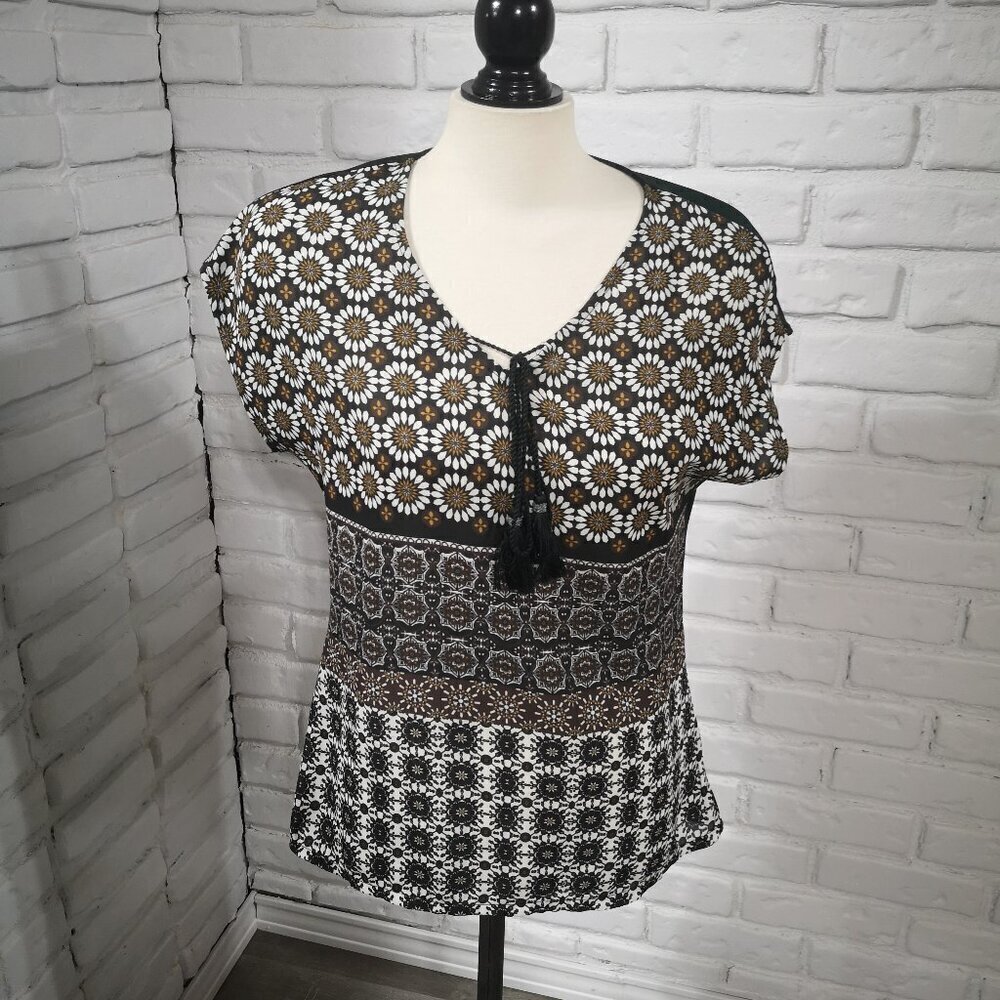 Cleo Ladies Size Small Green Brown & White V-neck w/ Tie Sleeveless Blouse